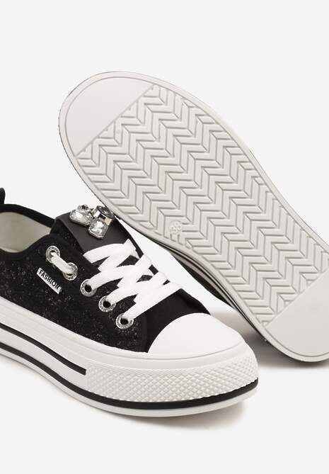 Czarne Trampki na Platformie z Cyrkoniami i Koronką Nusilwen