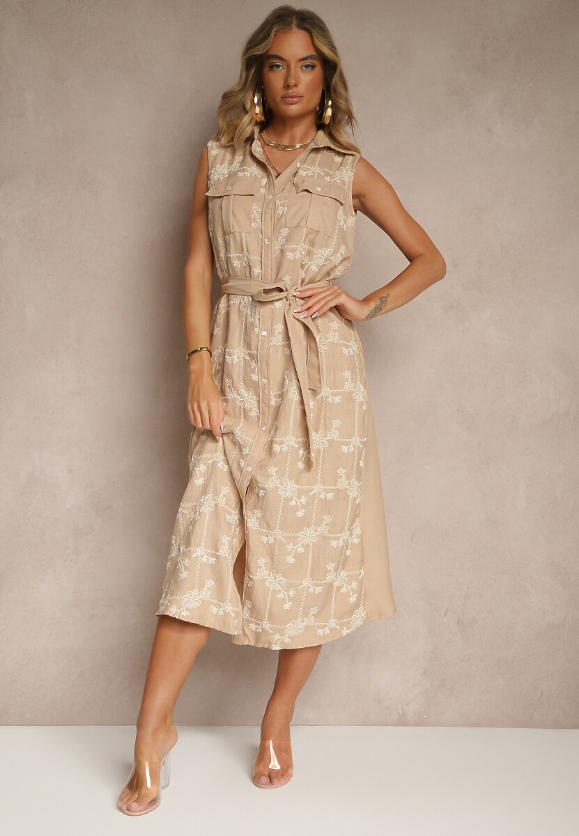 Beżowa Sukienka Koszulowa z Wiązanym Paskiem i Haftowanym Zdobieniem Malenea