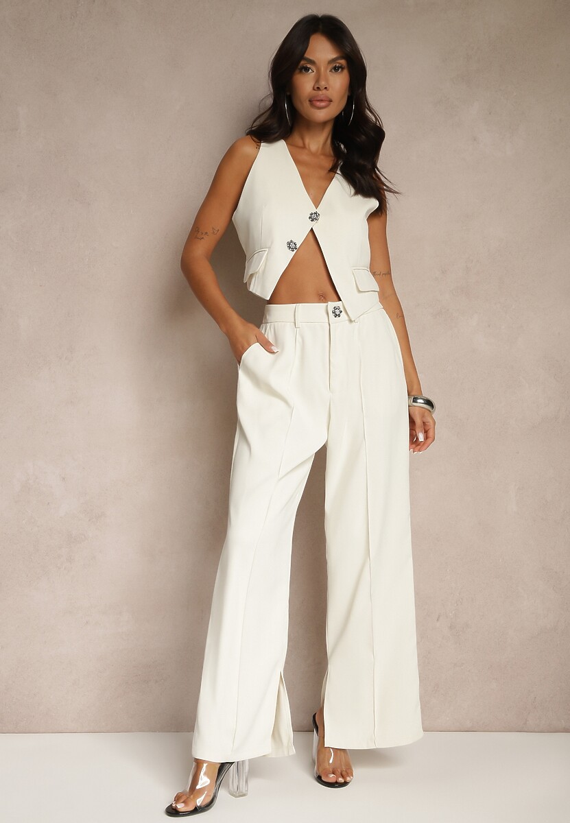 Beżowy Komplet z Cyrkoniami Krótka Kamizelka i Eleganckie Spodnie Diviriel