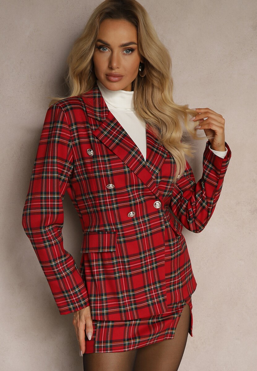 Czerwona Spódnica w Kratkę z Wiskozą o Ołówkowym Kroju z Rozcięciem Holamia