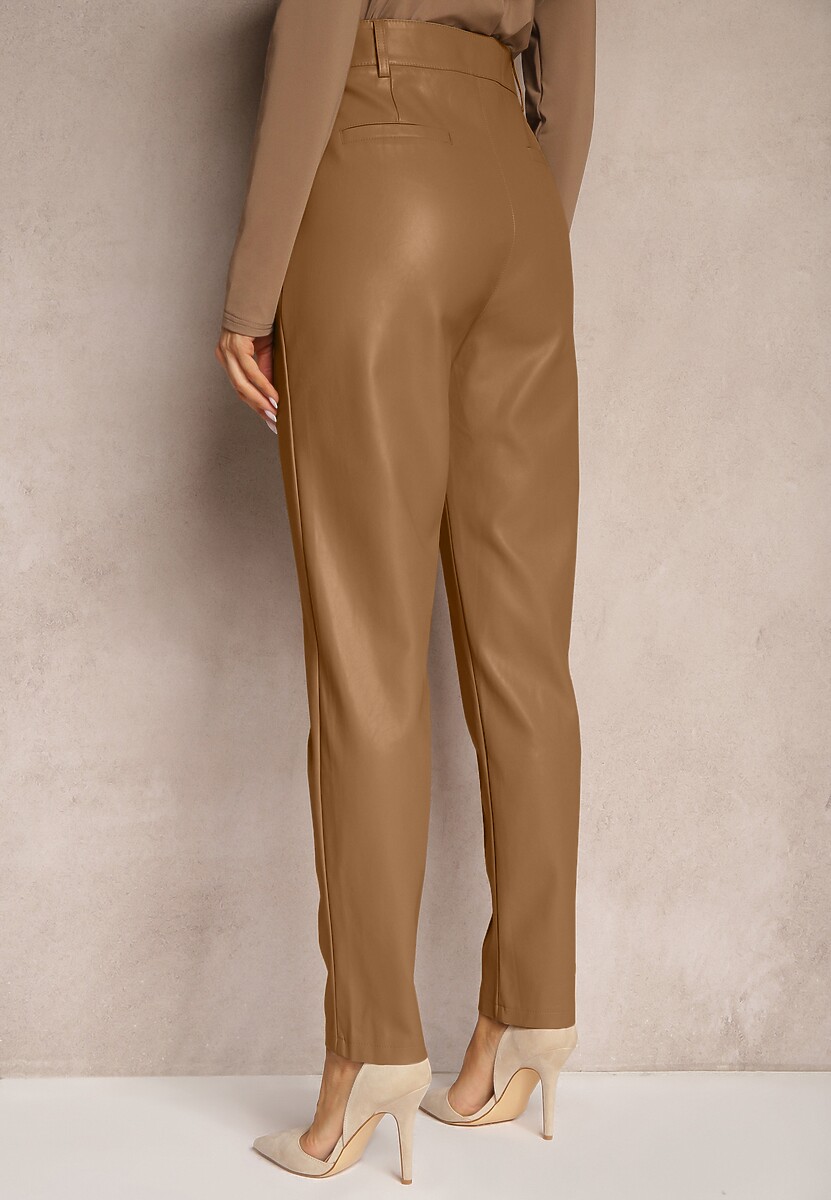 Jasnobrązowe Spodnie o Kroju Slim High Waist z Imitacji Skóry Iritharia