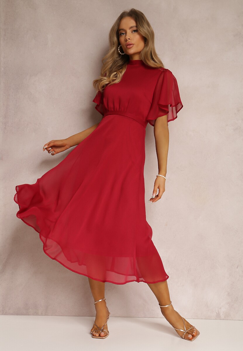 Bordowa Rozkloszowana Sukienka z Odkrytymi Plecami i Wiązaniem Syrissis