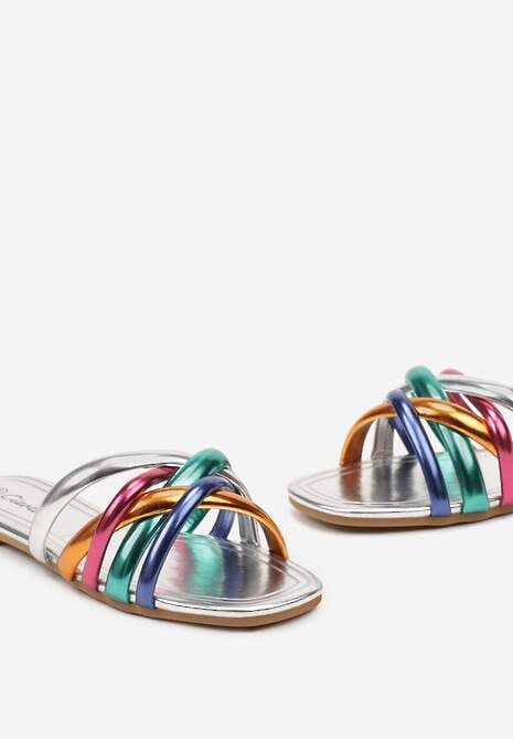 Srebrne Płaskie Klapki Otwarte z Ozdobnymi Paskami Vemina