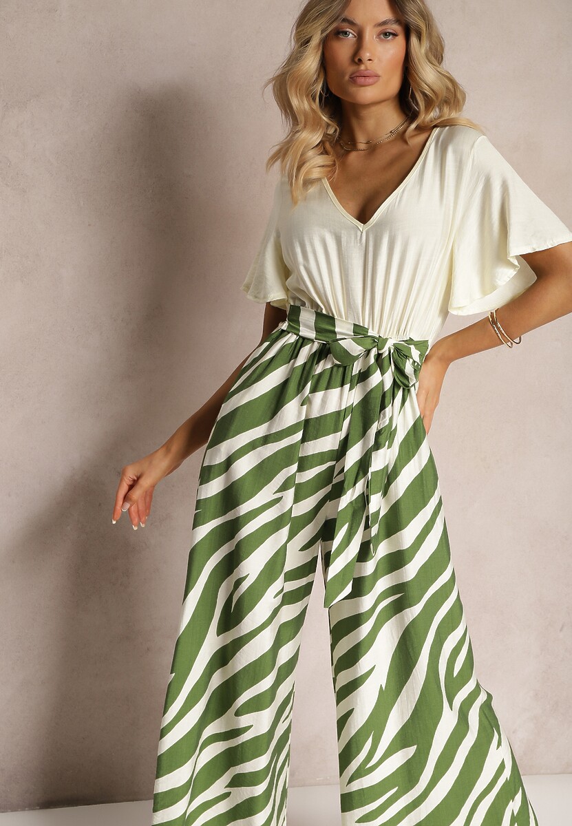 Zielono-Biały Kombinezon z Materiałowym Paskiem i Szerokimi Rękawami Nellda