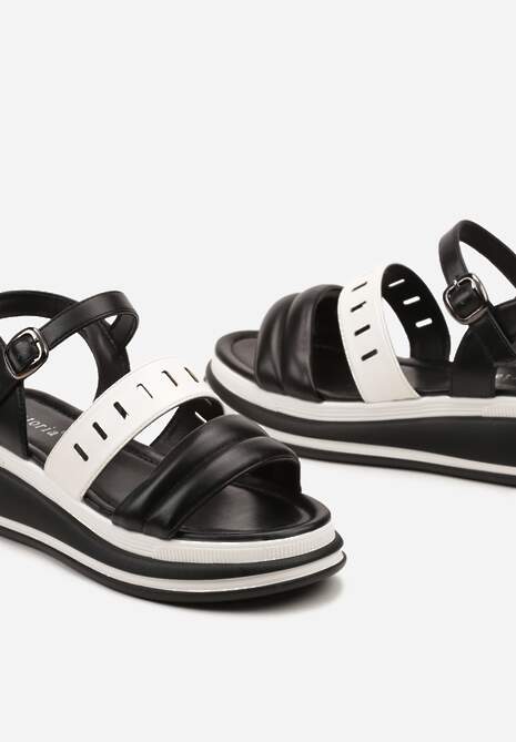 Czarno-Białe Płaskie Sandały z Ekoskóry na Grubej Podeszwie z Zapięciem na Sprzączkę Vloelie
