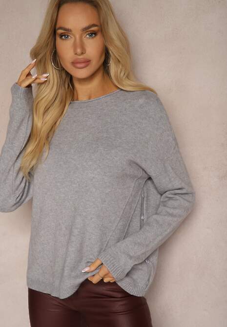 Szary Klasyczny Sweter z Cyrkoniami na Guzikach Rerige