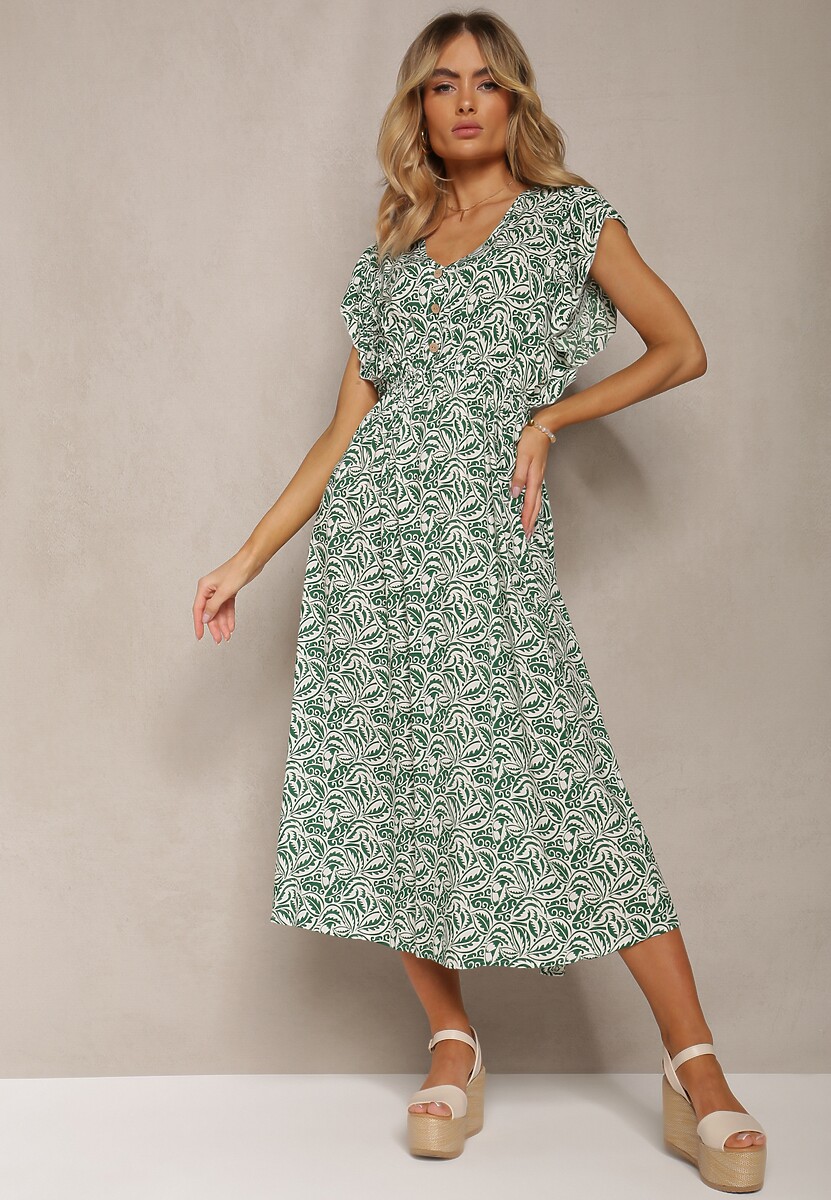 Zielona Bawełniana Sukienka na Lato z Elastyczną Gumką w Pasie i Falbankami Przy Ramionach Jovenia