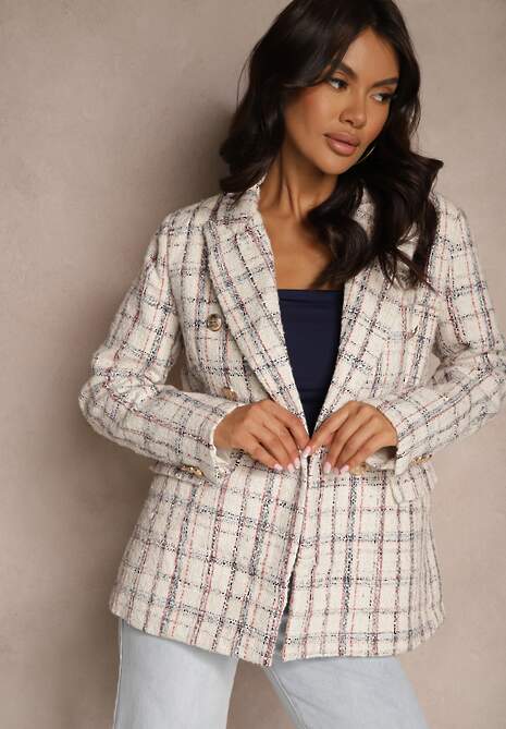 Biała Dwurzędowa Marynarka z Błyszczącą Nicią i Poduszkami na Ramionach Elilona