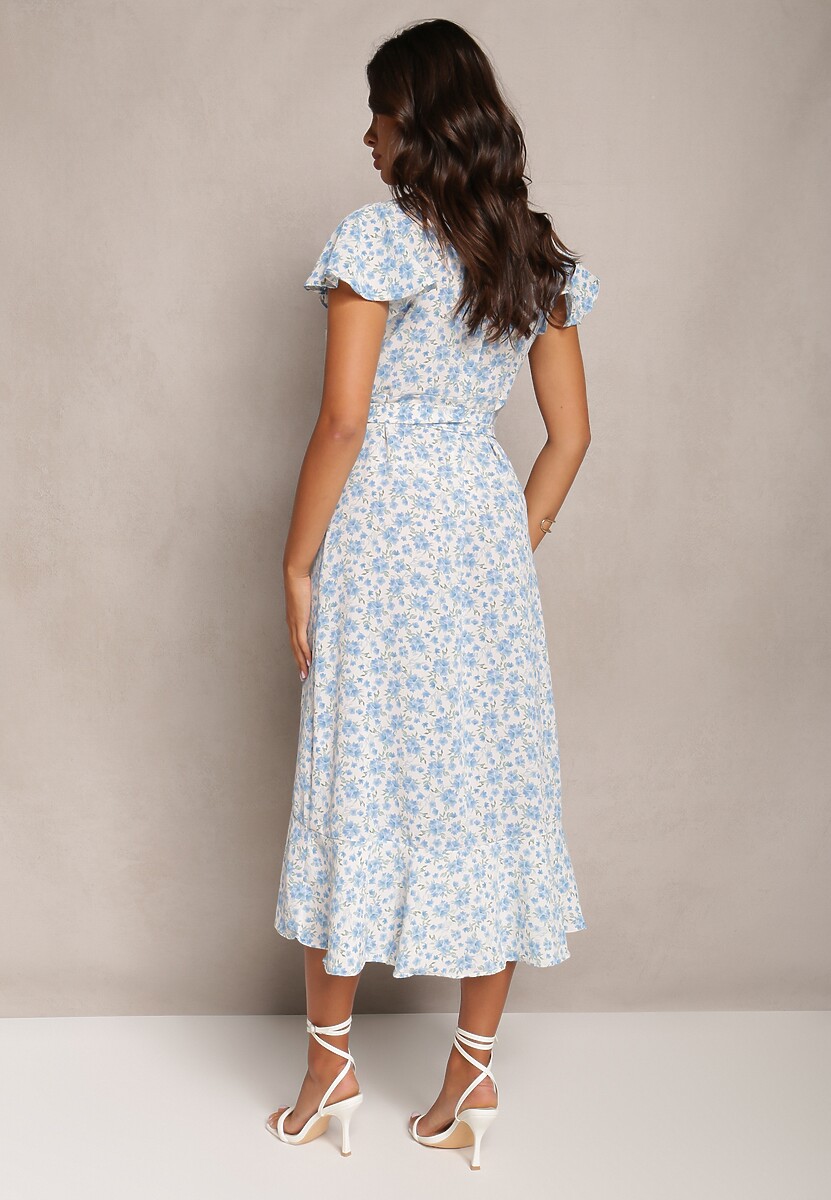 Niebieska Kopertowa Sukienka w Kwiaty Wakena