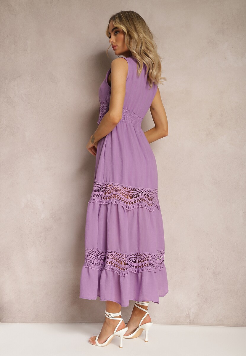 Fioletowa Maxi Sukienka o Rozkloszowanym Kroju z Ażurowymi Wstawkami Litulla