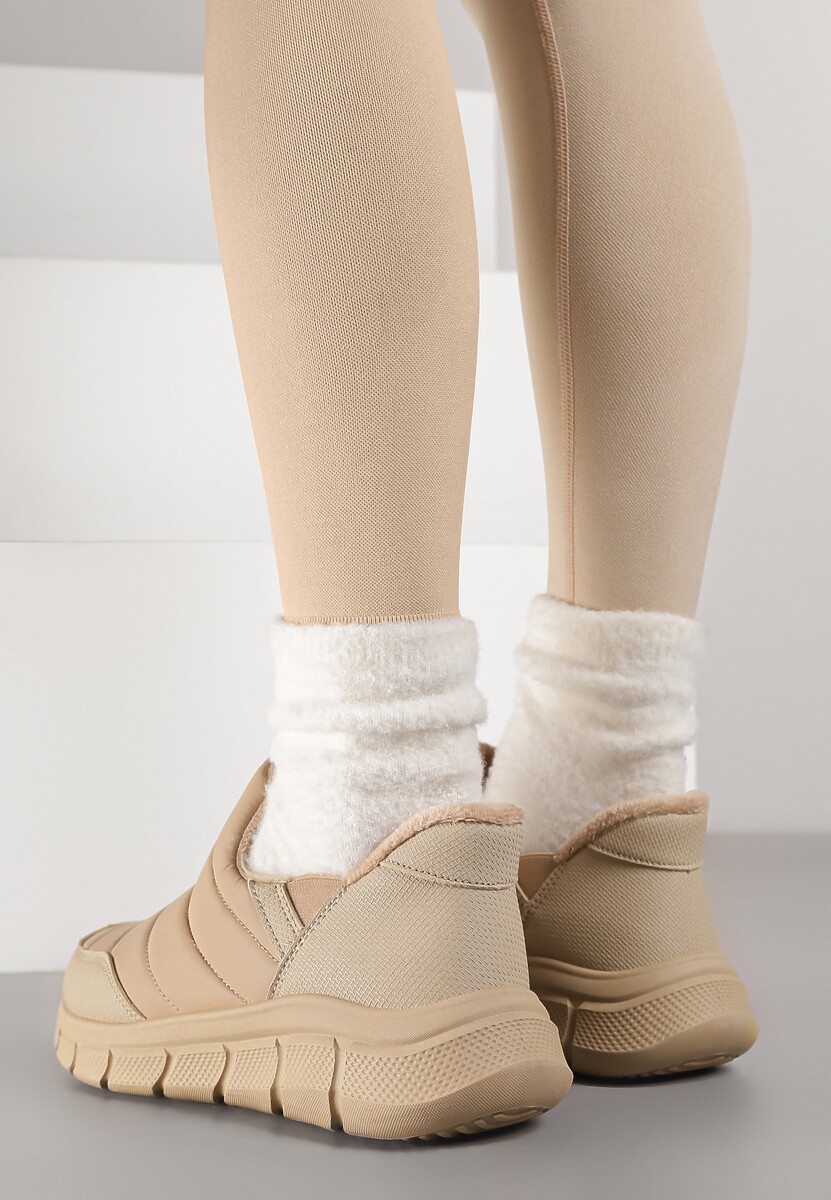 Ciemnobeżowe Sneakersy Śniegowce na Platformie z Tłoczeniem i Pikowaną Cholewką Vermina