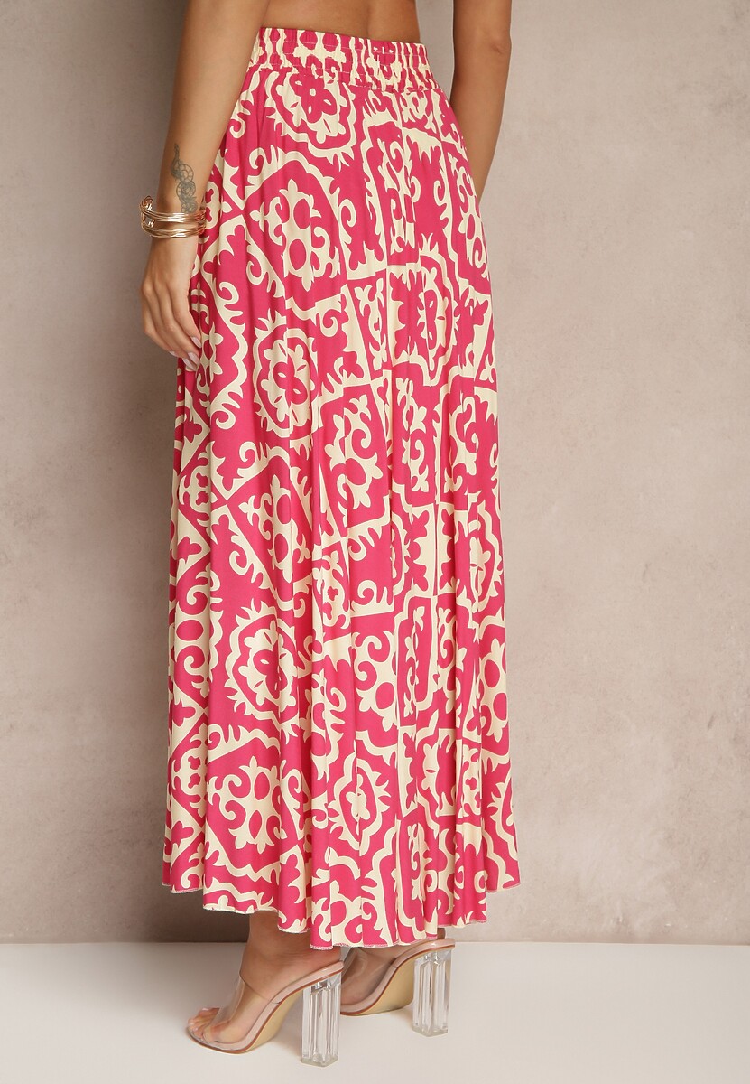 Fuksjowa Spódnica z Wiskozy z Geometrycznym Motywem Axeria