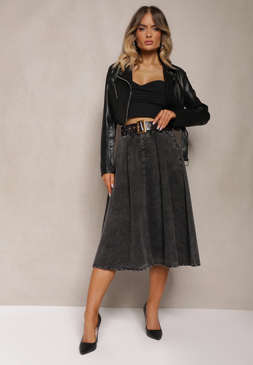 Czarna Rozkloszowana Spódnica Jeansowa Midi z Paskiem Wendlla