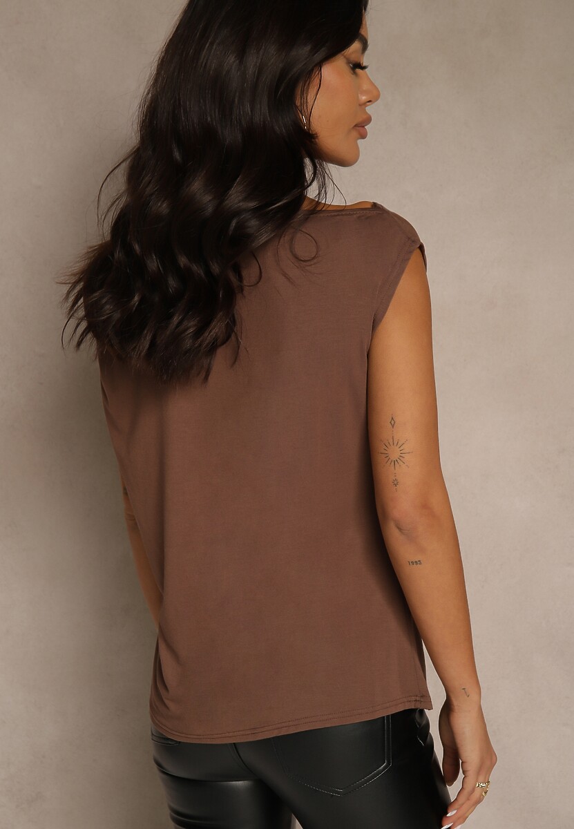 Brązowy Top z Wiskozy z Lejącym Dekoltem i Aplikacją w Kształcie Słońca Reilena
