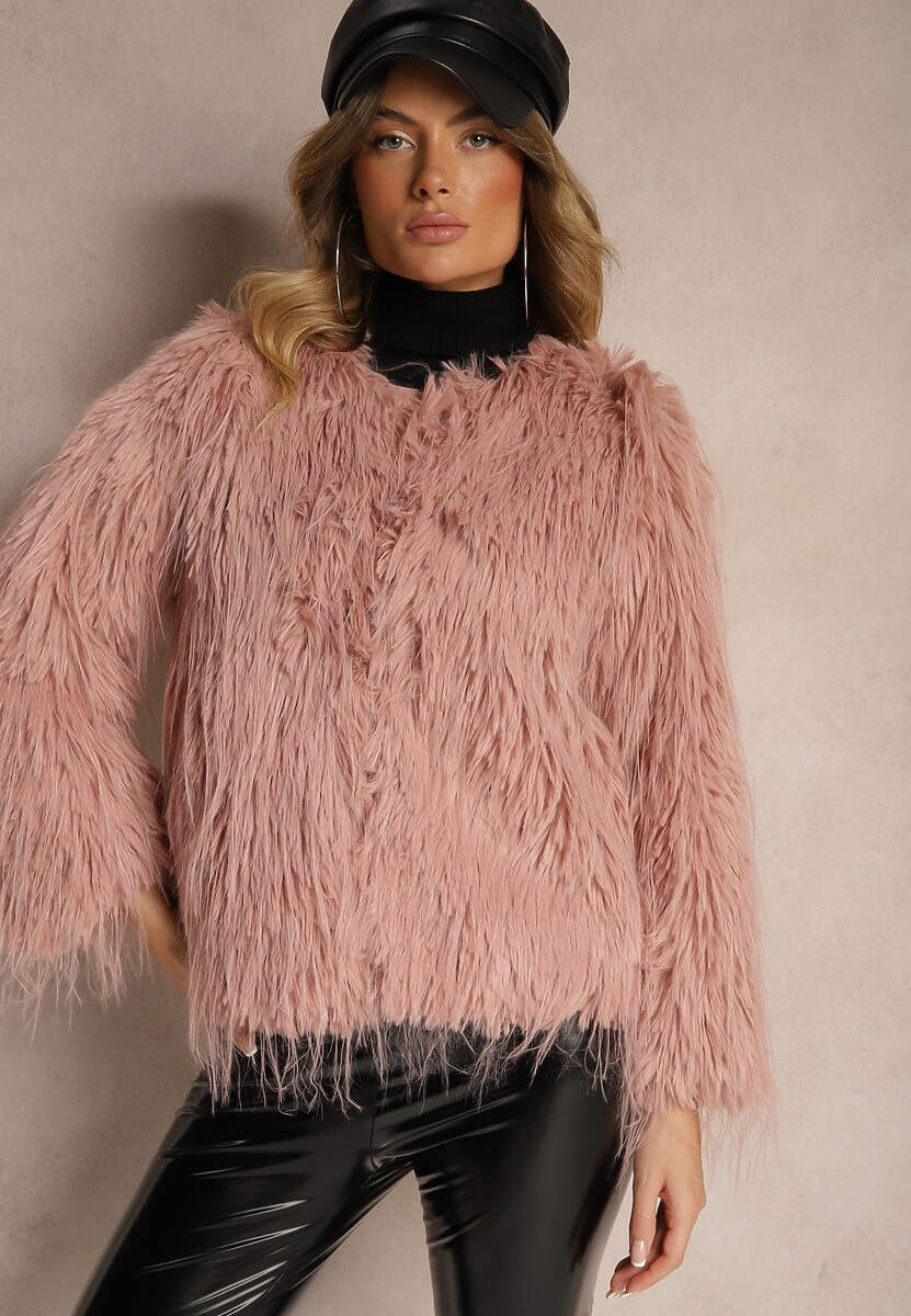 Różowa Futerkowa Kurtka o Prostym Kroju z Zapięciem na Haftki Sialithiel