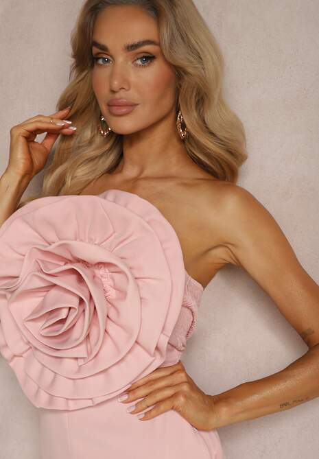 Różowy Kombinezon z Dużym Naszytym Kwiatem bez Rękawów Usemia