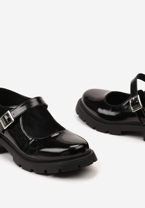 Czarne Lakierowane Półbuty Zapinane na Sprzączkę na Grubej Podeszwie Peravilla