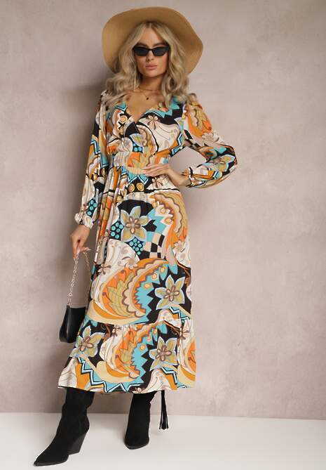 Beżowa Kopertowa Sukienka Maxi w Fantazyjny Nadruk Leanda