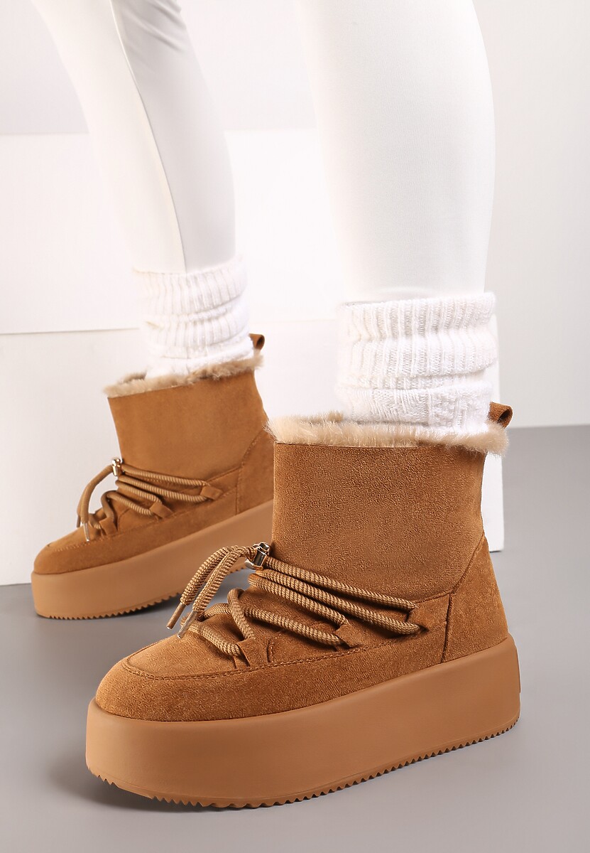 Brązowe Śniegowce na Grubej Podeszwie Bez Zapięć z Imitacją Sznurowadeł Kaithena