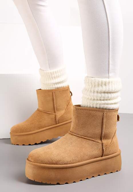 Brązowe Śniegowce za Kostkę na Platformie Ocieplane Futerkiem Divena