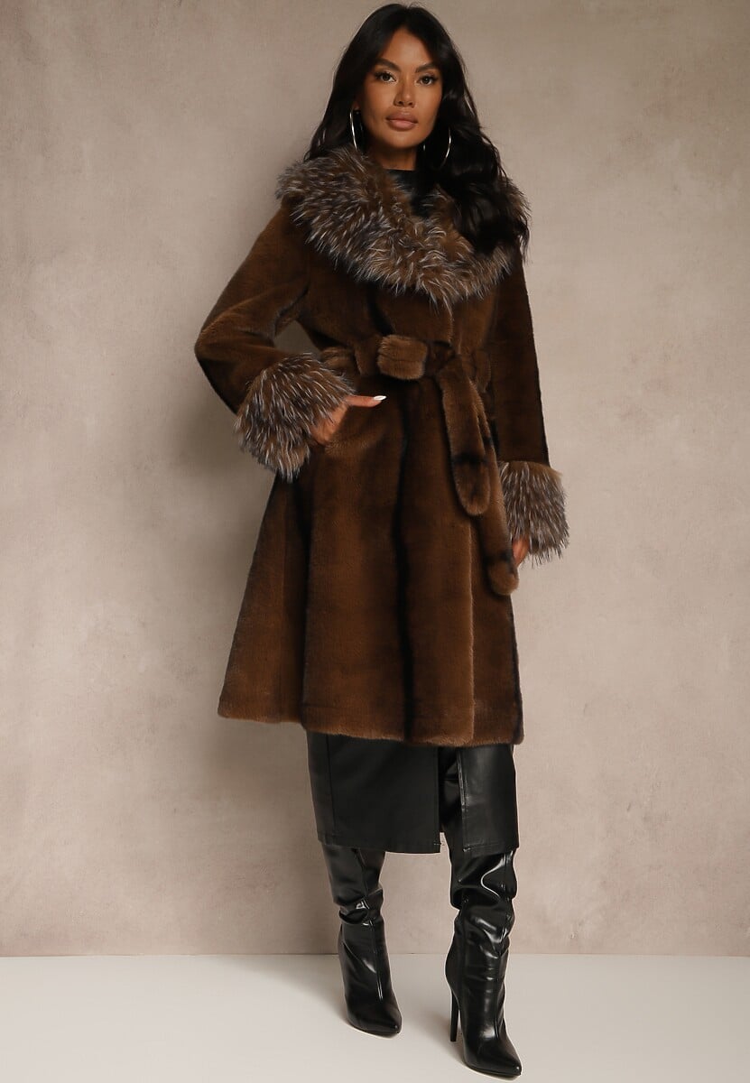 Brązowy Płaszcz Futerko z Paskiem z Ozdobnym Kołnierzem i Mankietami Tiobella