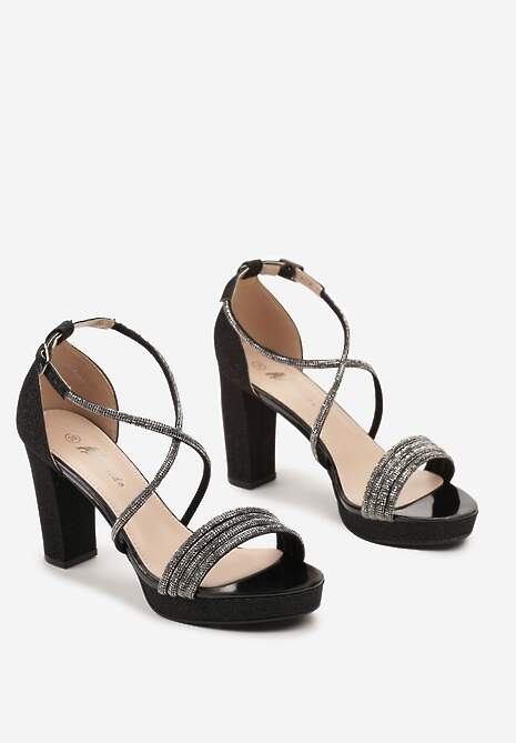Czarne Brokatowe Sandały na Obcasie z Platformą ze Skrzyżowanymi Paskami z Cyrkoniami Inelda