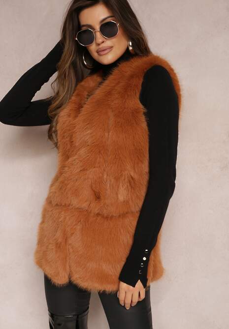 Brązowa Puchata Kamizelka z Futerka Ozdobiona Imitacją Skóry Tekllesa