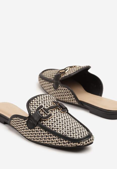 Czarne Klapki Mule Zdobione Tweedem i Elegancką Aplikacją Sonelina
