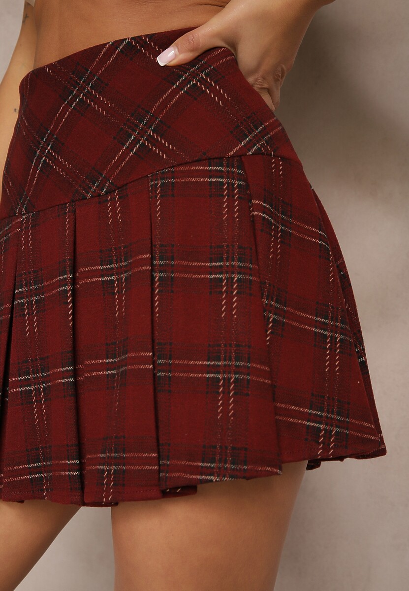 Bordowe Spódnico-Spodenki z Wiskozą o Rozkloszowanym Kroju w Kratkę Temirelis