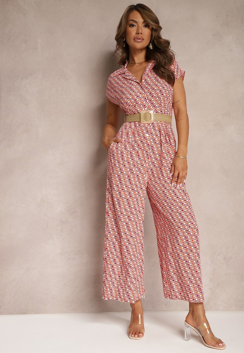 Pomarańczowo-Różowa Kombinezon z Dekoltem w Serek i Szerokimi Nogawkami z Paskiem w Talii Celretta