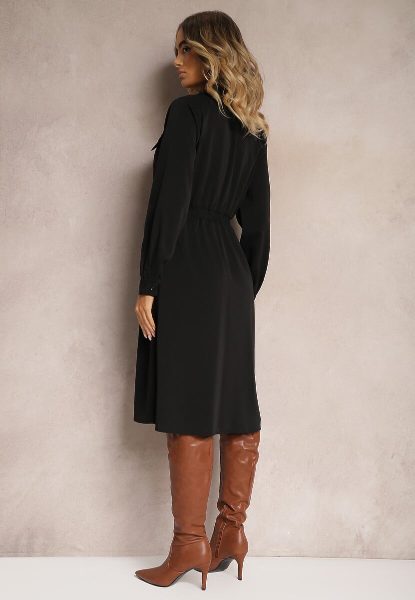 Czarna Koszulowa Sukienka Midi z Paskiem w Komplecie Neboa