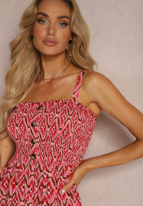 Różowa Wiskozowa Sukienka na Regulowanych Ramiączkach z Marszczonym Dekoltem Lalemia