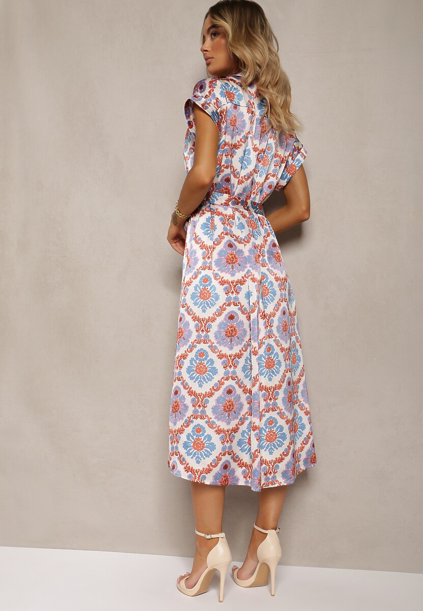 Niebiesko-Różowa Rozkloszowana Sukienka Boho z Wiskozą o Koszulowym Kroju Ozdobiona Paskiem Josofia