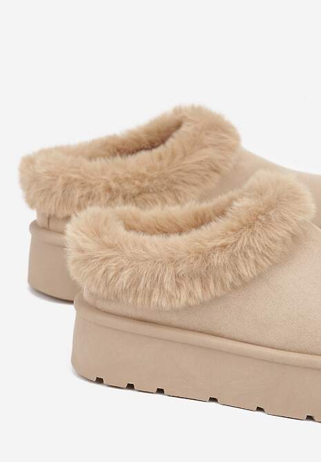 Ciemnobeżowe Krótkie Śniegowce na Platformie Ozdobione Futerkiem Sewlara