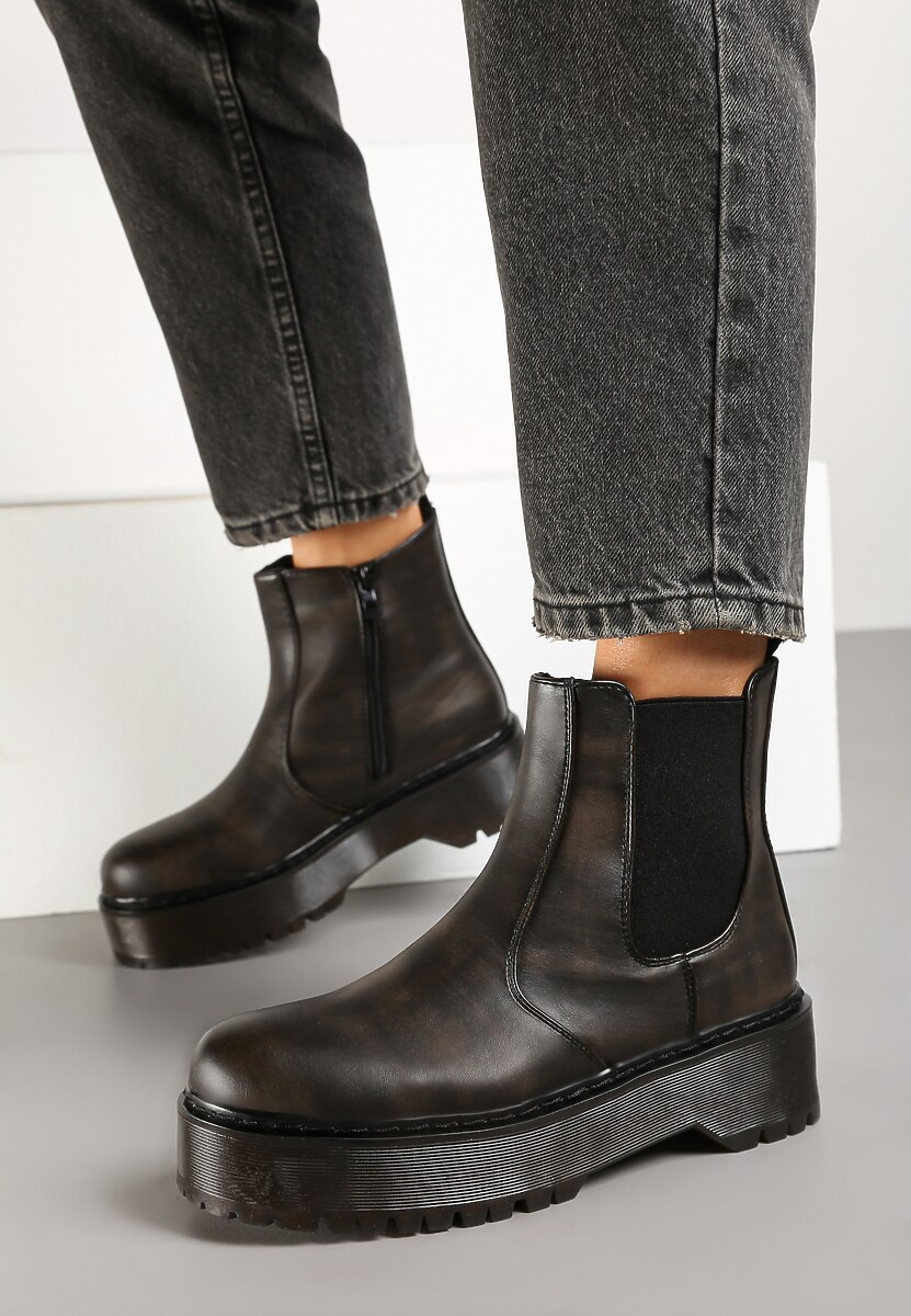 Brązowe Botki na Platformie w Stylu Sztybletów z Elastyczną Wstawką Atinovia