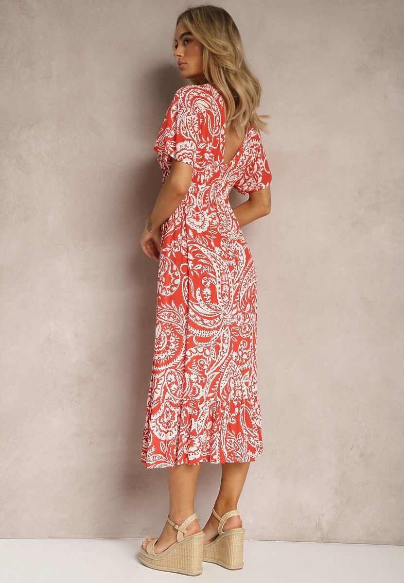 Czerwono-Beżowa Sukienka Letnia z Gumką w Talii i Ozdobnymi Chwostami Aleriana