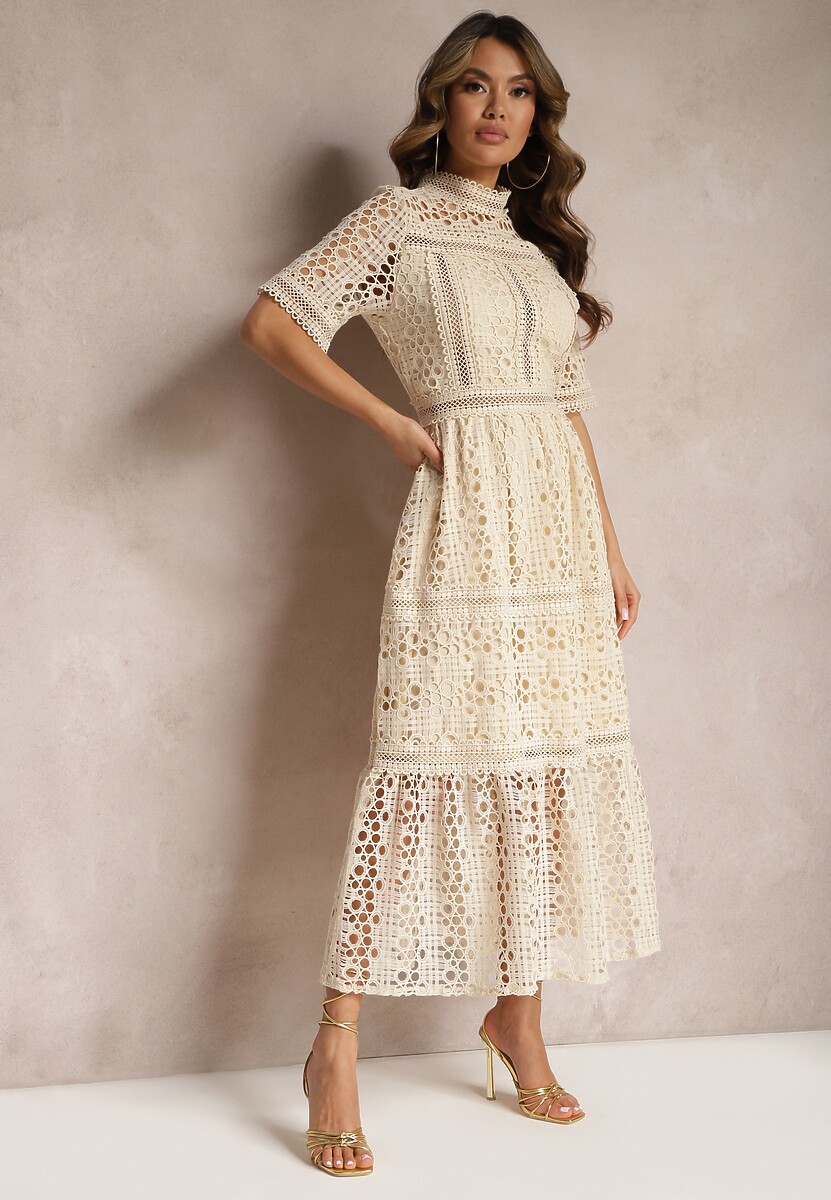 Biała Rozkloszowana Sukienka Maxi Ażurowa z Falbanką Ranilette