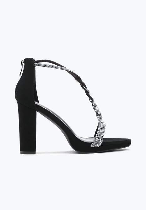 Czarne Sandały na Wysokim Słupku z Cyrkoniami na Cienkich Przeplecionych Paskach Tabena