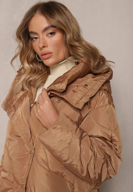 Beżowa Pikowana Kurtka Płaszcz za Kolano z Kapturem Kelotta