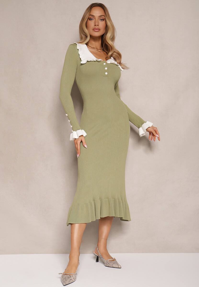 Czarna Sukienka Retro z Dzianiny z Wiskozą Zdobiona Kołnierzykiem Zihanne