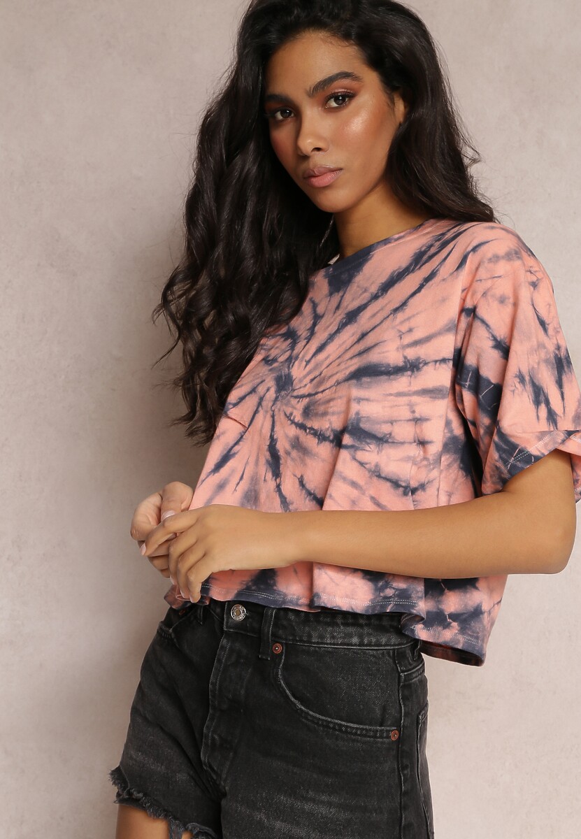 Różowy Krótki T-shirt z Printem Tie-Dye Lanay