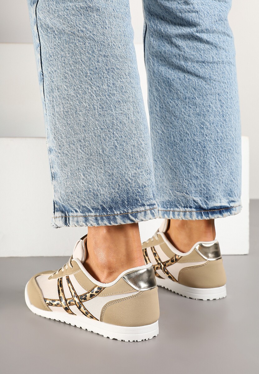 Ciemnobeżowe Sneakersy na Płaskiej Podeszwie z Geometrycznym Wzorem w Panterkę Rivmi