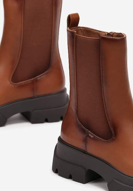 Jasnobrązowe Botki z Elastyczną Wstawką na Cholewce i Tłoczeniu na Platformie Kisoma