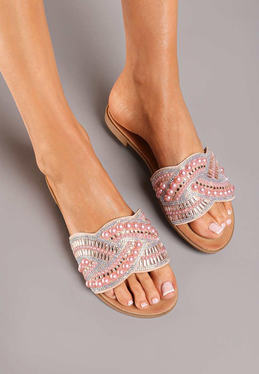 Czarne Płaskie Klapki z Imitacji Skóry Ozdobione Koralikami i Perłami Farnela