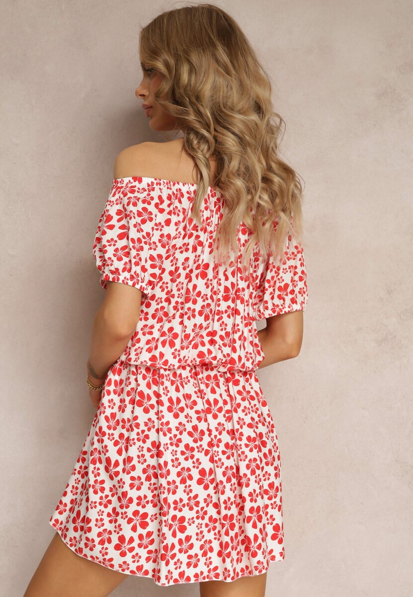 Czerwona Wiskozowa Sukienka Mini Hiszpanka z Gumką w Pasie Bradite