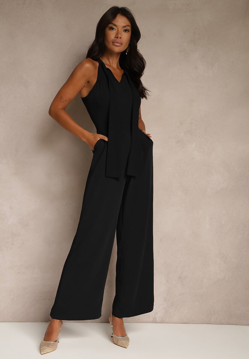 Czarny Kombinezon Wide Leg z Ozdobnym Wiązaniem przy Szyi Silelia