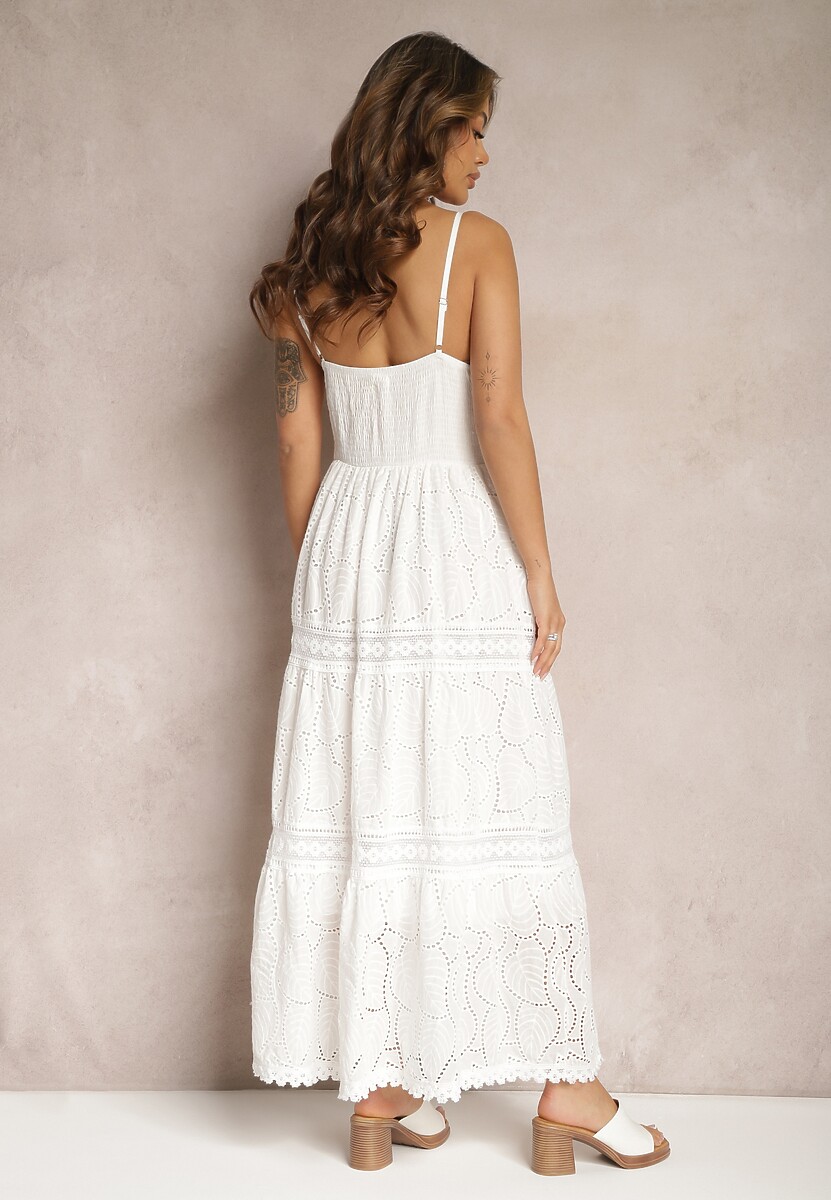 Biało-Beżowa Haftowana Sukienka Bawełniana w Stylu Boho Tirinassa