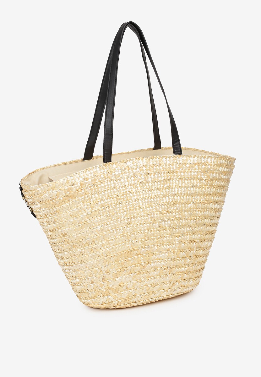 Beżowa Duża Torebka z Plecionki z Perłami Cekinami i Ozdobną Tasiemką Lirbia