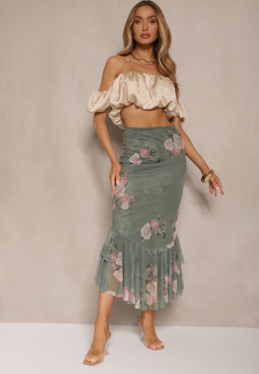 Biało-Żółta Dopasowana Spódnica z Ozdobną Falbaną Efravaria