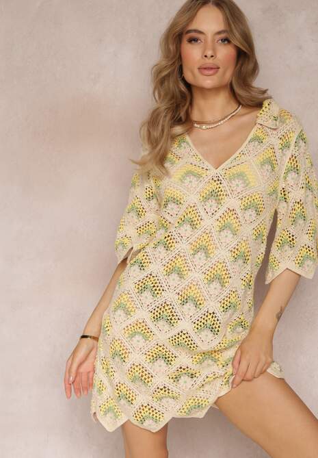 Beżowo-Zielona Szydełkowa Sukienka z Głębokim Dekoltem i Krótkim Rękawem z Bawełny Achla